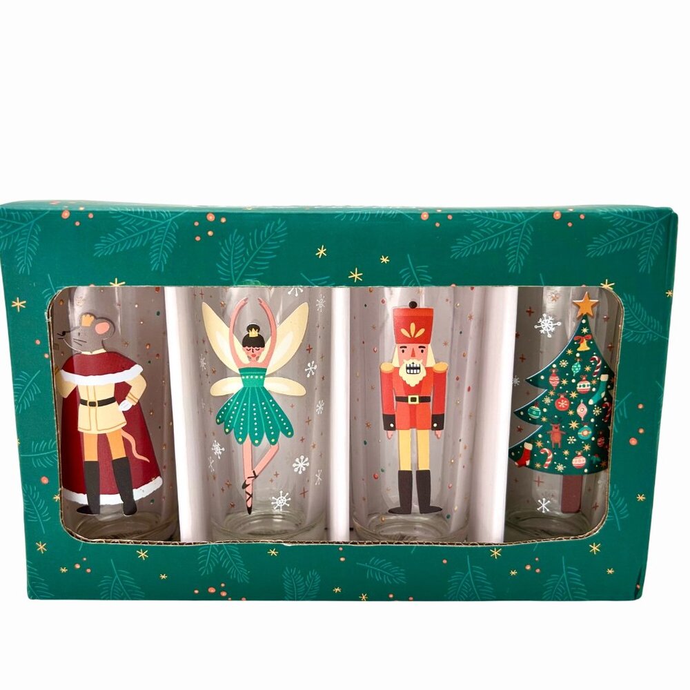 NIB NORDSTROM SET OF 4 CHRISTMAS HOLIDAY NUTCRACKER 2 OZ SHOOTER SHOT GLASS SET